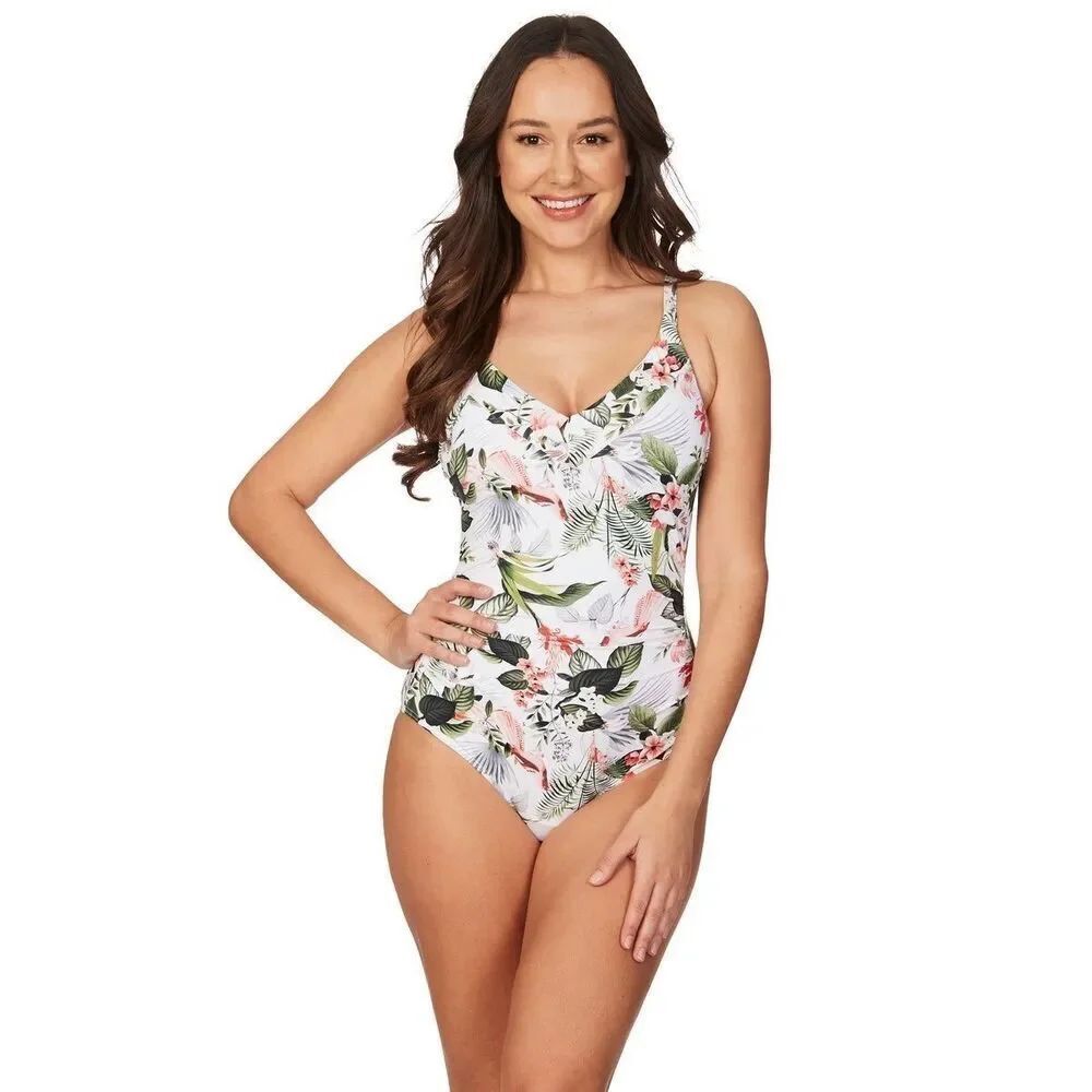 Niptuck Size 6 One Piece Swimsuit White Palm Tropical Leaf Vacation Beach